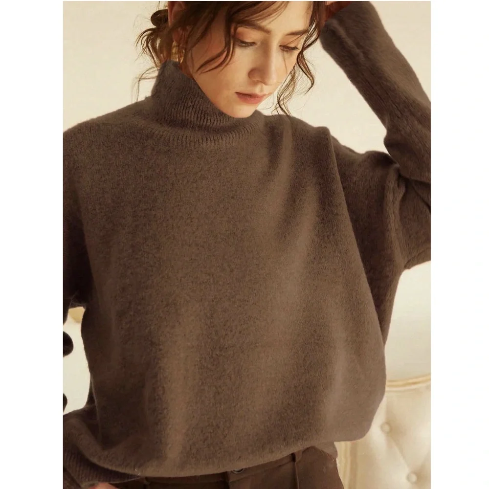 Brown Knit Turtleneck Pullover Sweater Long Sleeve Drop Shoulder